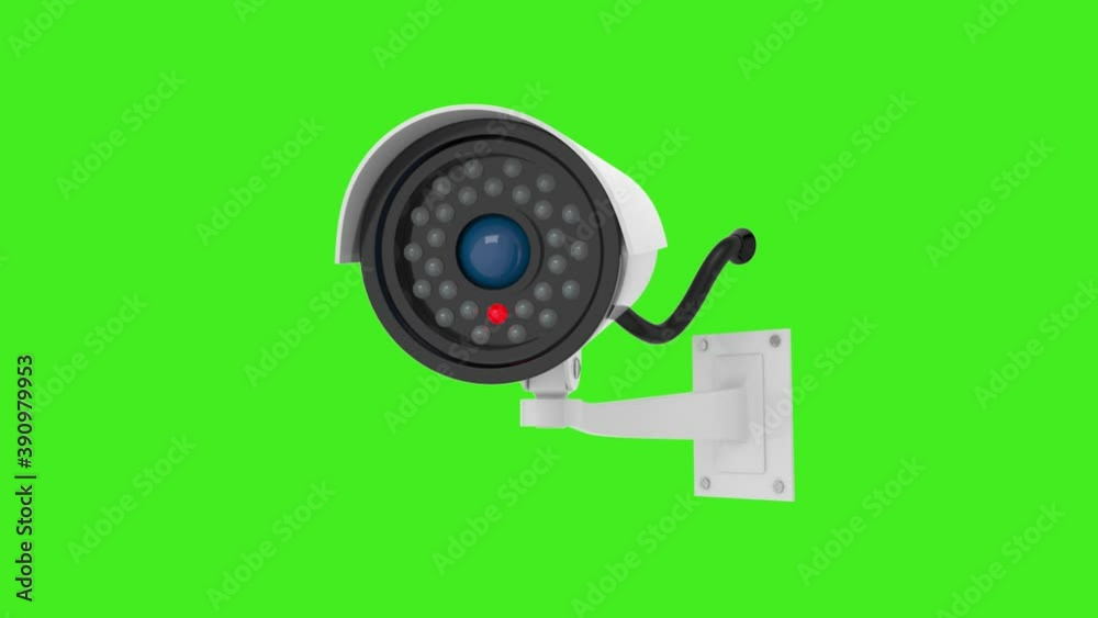 Gray CCTV camera is ON and moving and filming. Animation video on green chroma key