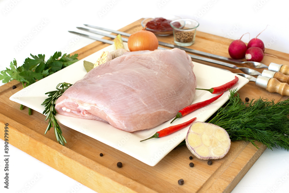 raw turkey meat, fillet for roasting on skewers. Barbecue preparation. ingredients raw turkey meat, fillet for roasting on skewers. Barbecue preparation. ingredients