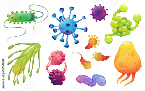 Viruses bacteria, microorganism germs isolated icons set. Vector color cartoon microorganisms, viruses of influenza, fever and coronavirus. Biological monsters, oblong bacterial pathogen microbes