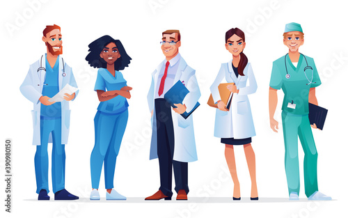 Doctors and nurses healthcare workers team isolated medical staff. Vector males and females in blue scrubs and white coats, with stethoscopes and folders. Group of professional practitioners, surgeons