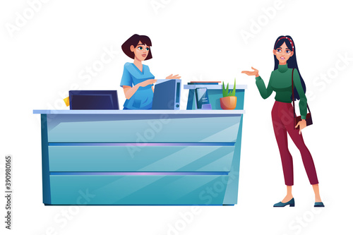 Patient speaks to receptionist, medical staff, reception desk with folders, computer and plant in pot. Vector woman customer talking to female nurse or doctor, scene of clinic hospital visit