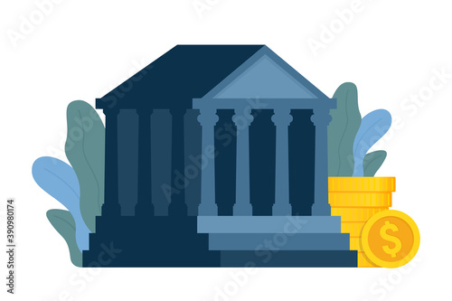 Bank building isolated on a white background. Money exchange and bank financing concept. ATM. Financial services and giving out money. Vector illustration.