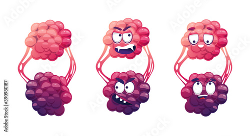 Angry bacteria with sharp teeth and smiling germ making grimaces, bacterial funny pathogen. Vector cartoon virus monster, microbiological emoticon character. Microbe organism microorganism with eyes