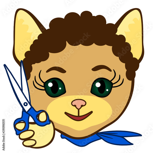 emoji with hairdresser or haircutter kitty holding scissors in her hand, happy cat barber or coiffeur at work, simplistic facial expression