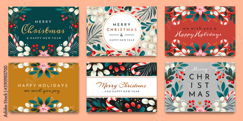 A set of cards with holiday greetings. Christmas cards with ornaments of branches, berries and leaves.