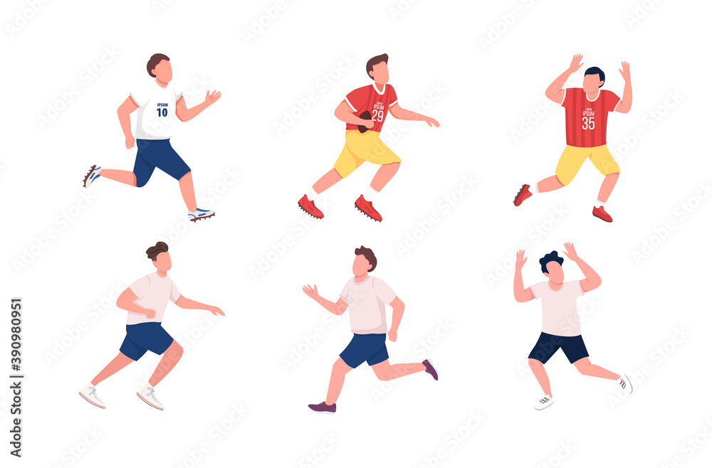 Football players flat color vector faceless character set. Athlete running. Man catch ball. Soccer, rugby team. Sportsmen isolated cartoon illustration for web graphic design and animation collection