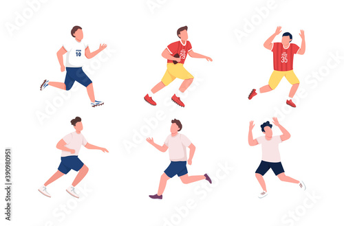 Football players flat color vector faceless character set. Athlete running. Man catch ball. Soccer  rugby team. Sportsmen isolated cartoon illustration for web graphic design and animation collection