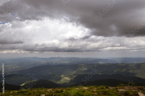 Beautiful mountain landscape with low clouds. Ukraine. The Carpathians.