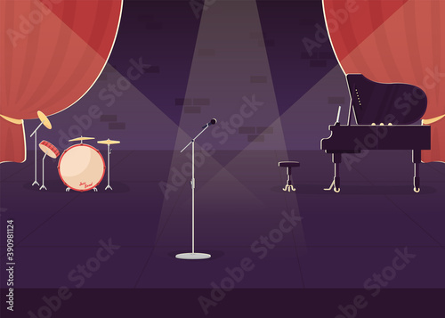 Jazz concert preparation flat color vector illustration. Live stage performance. Nightlife entertainment show. Empty music hall 2D cartoon interior with musical instruments on background