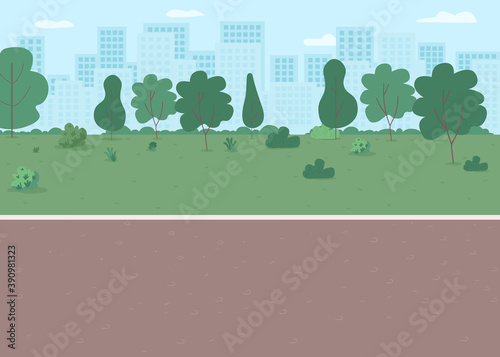 Park way flat color vector illustration. Parkway with lawn, walkway. Place for recreation. Downtown district with nature. Metropolis street 2D cartoon landscape with skyline on background