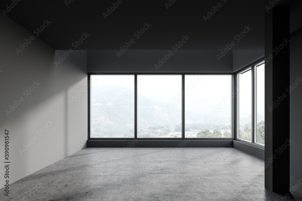 Empty gray room with panoramic window Empty gray room with panoramic window
