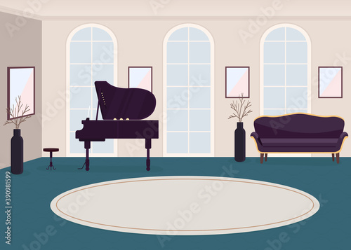 Luxury music hall flat color vector illustration. Grand piano for concert. Contemporary room. Rich house for entertainment event 2D cartoon interior with musical instrument on background