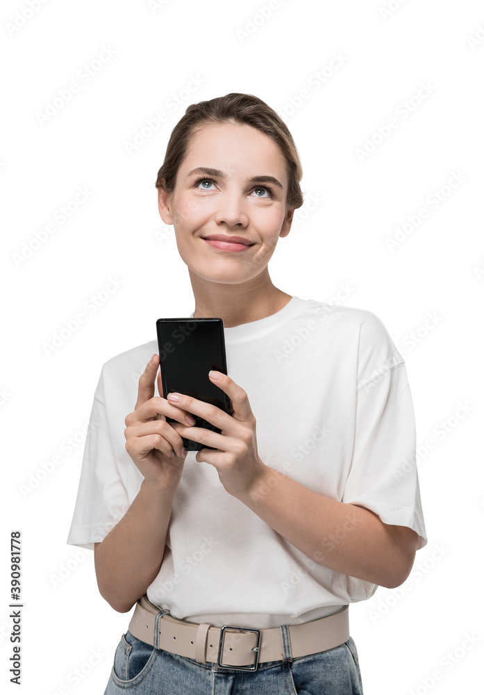 Smiling young woman with smartphone, isolated Smiling young woman with smartphone, isolated