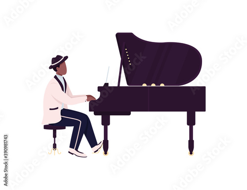 African piano player flat color vector faceless character. Classical musician. Live concert. Music performance. Pianist isolated cartoon illustration for web graphic design and animation
