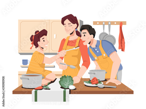 Family cooking together in kitchen, daughter helping mom and dad to prepare food for dinner or breakfast. Girl gives father to try soup, homemade dishes. Parents teaching to cook. Vector in flat style