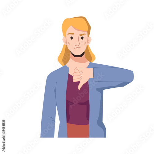 Blonde woman with annoyed or disgruntled expression on face showing thumbs down. Disapproval or negative thoughts, gesturing female character. Displeased or complaining girl. Vector in flat style