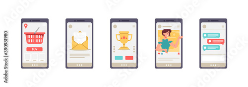 Everyday mobile apps on screen of smartphone. Isolated set of mobile phone icons showing shop webpage, mailbox and social media. Shopping and entertenting using gadgets, vector in flat style