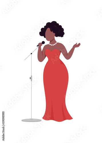 African woman singer flat color vector faceless character. Jazz musician sing in microphone. Karaoke night. Female performer isolated cartoon illustration for web graphic design and animation