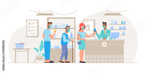 Line or people wearing protective masks standing in queue in pharmacy shop. Young and senior patients standing in drug store. Quarantine and coronavirus disease, cartoon vector in flat style