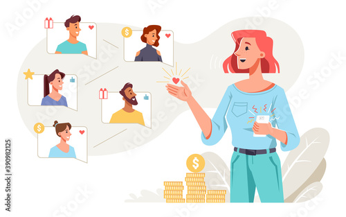 Business program building partnerships and referring friends. Woman and boxes with avatar of people. Getting profit and earning money. Talking and gesturing lady with smartphone showing table vector
