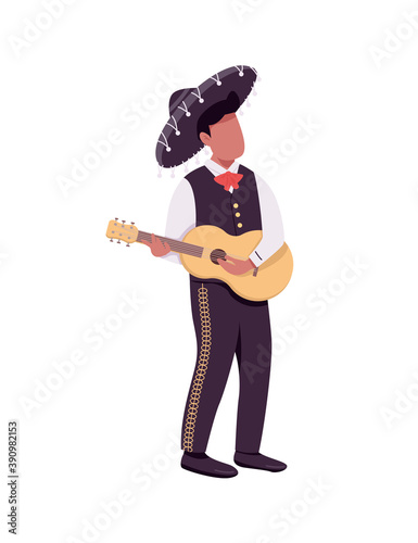 Mexican guitarist flat color vector faceless character. Hispanic guitar player in sombrero. Latin festival music performance isolated cartoon illustration for web graphic design and animation