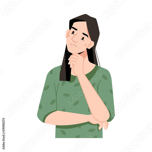 Girl thinking or planning, isolated brunette girl scratching chin in thoughts. Pensive and thoughtful lady, brainstorming worker choosing or dreaming. Cartoon character, vector in flat style