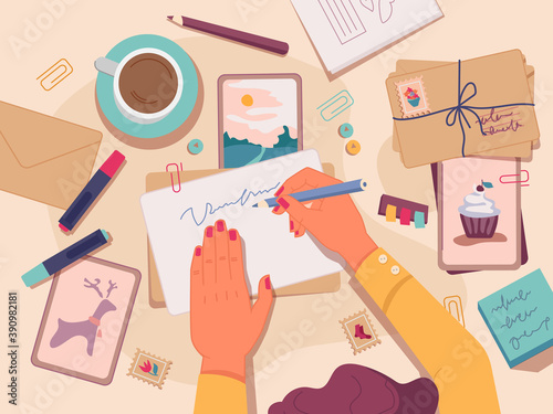 Flat lay of table with postcards and letters for holidays. Woman writing on paper, making handmade greeting card. Clips and decorative elements for envelopes. Cup of tea or coffee vector in flat