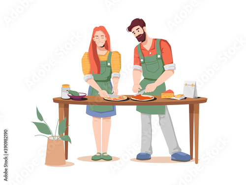 Happy young couple preparing pizza together isolated flat-cartoon man and woman. Vector young husband and wife cooks fast food snack, bakery food product with meat and vegetables, Italian cuisine dish