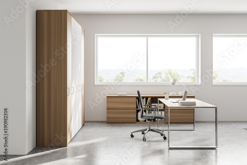 Fototapeta Naklejka Na Ścianę i Meble -  White and wooden CEO office interior, side view