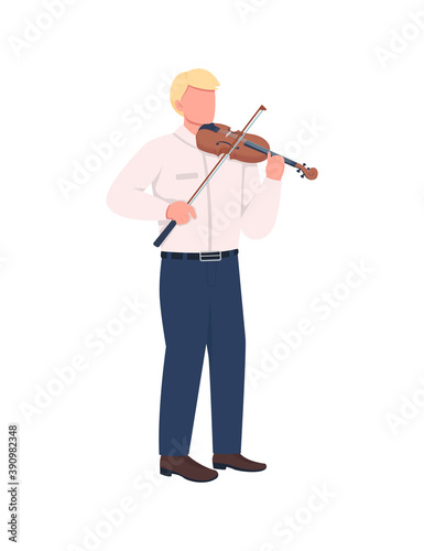 Violinist flat color vector faceless character. Caucasian violin player. Classical music concert. Orchestra symphony performance isolated cartoon illustration for web graphic design and animation