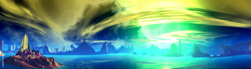 Fototapeta premium Alien Planet. Mountain and lake. Panorama. 3D rendering