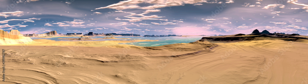 Alien Planet. Mountain and lake. Panorama. 3D rendering Alien Planet. Mountain and lake. Panorama. 3D rendering