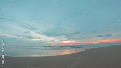 Wallpaper Mural Panorama view - Sea water surface reflection of Beautiful pastel pink sunset sky with golden grey & cyan clouds on calm ocean wave horizon over summer beach, 4k uhd b-roll natural landscape footage Torontodigital.ca