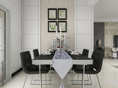  spacious dining room design next to the modern kitchen, with a beautiful dining table and greenery