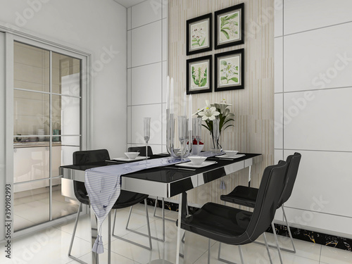  spacious dining room design next to the modern kitchen, with a beautiful dining table and greenery © 雨菡 李