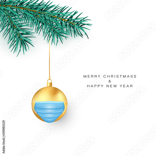 New Year Greeting Card. Green pine branch with gold Christmas ball and face mask. Vector illustration