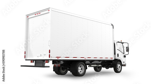 Delivery truck 3D rendering isolated on white background. Rear view.