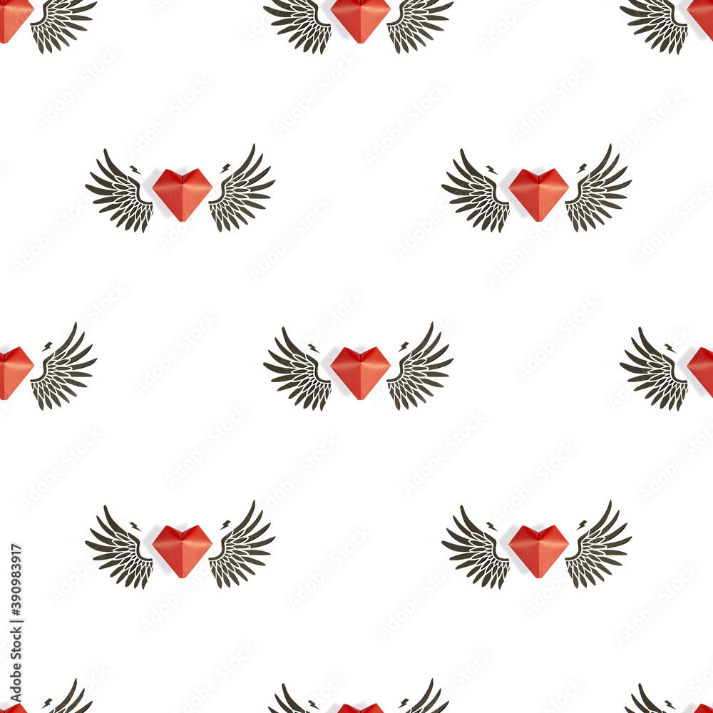 Seamless pattern of red hearts with black wings on a white isolated background. The concept of celebrating Valentine's Day