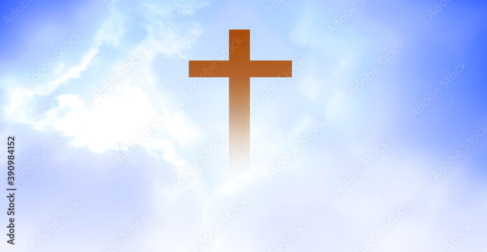 Christian cross appeared bright in the sky with soft fluffy clouds, white, beautiful colors. With the light shining as hope, love and freedom in the sky background