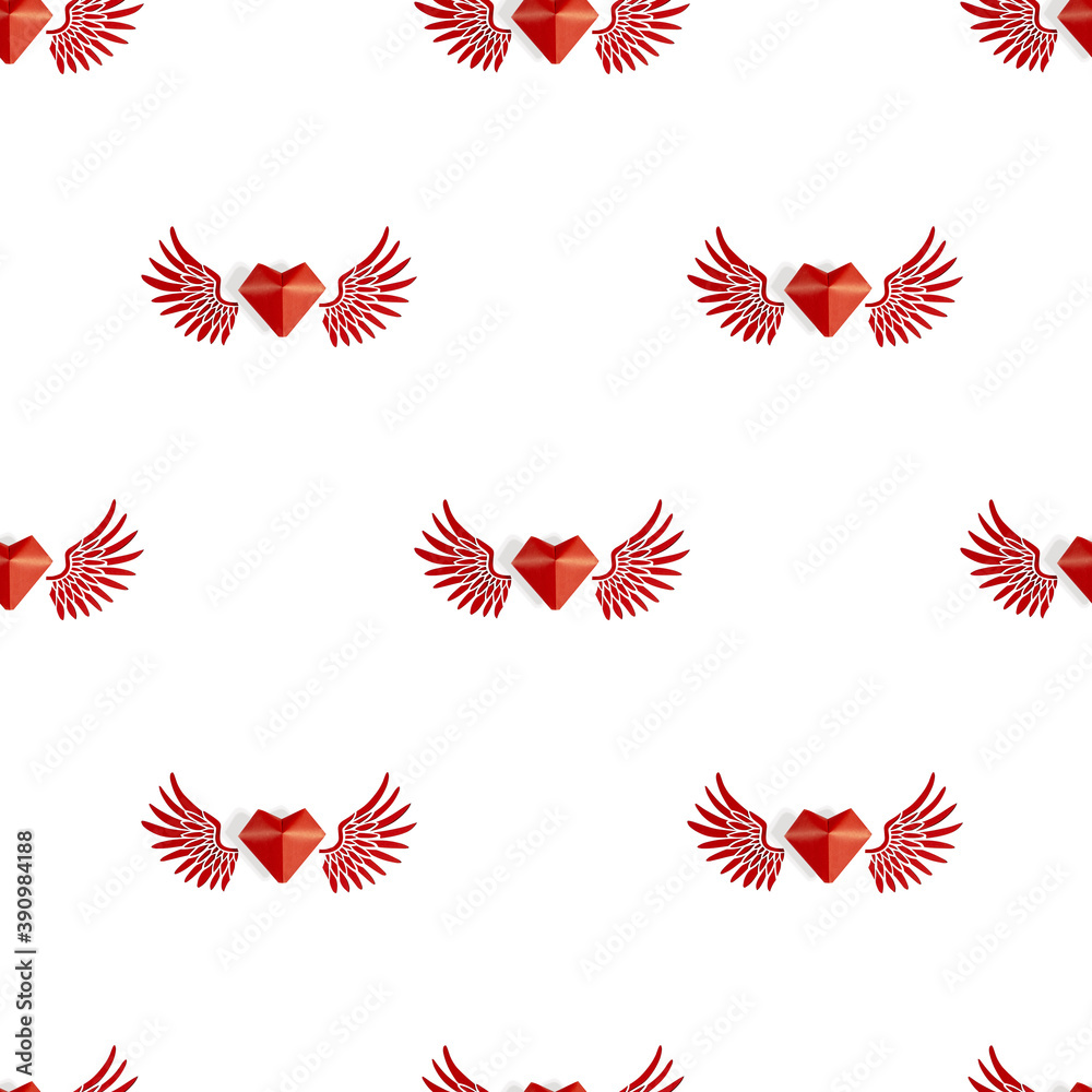 Obraz premium Seamless pattern of hearts with red wings on a white isolated background. The concept of the celebration of Valentine's Day