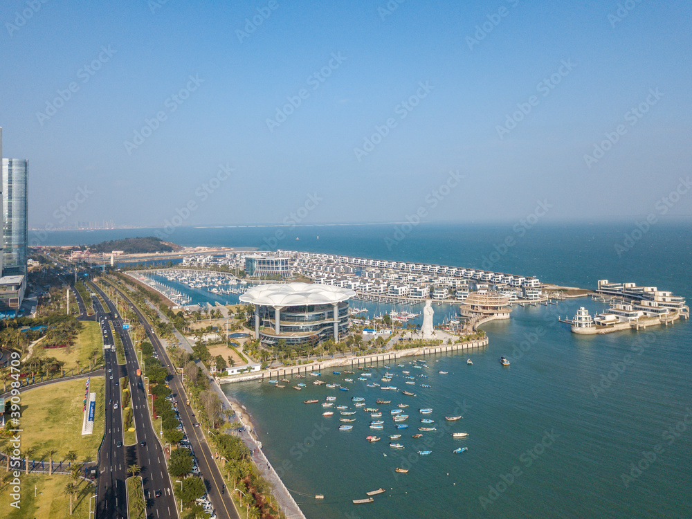 Aerial view of the Yacht Terminal, Xiamen Xiangshan Yacht Club in Xiamen city. Xiamen city architecture on the coastline in Fujian, China