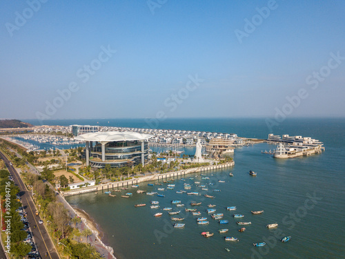 Aerial view of the Yacht Terminal, Xiamen Xiangshan Yacht Club in Xiamen city. Xiamen city architecture on the coastline in Fujian, China © Sen