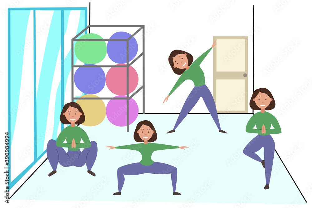 Women is training in the Pilates gym. The girl does different exercises. Yoga classes. Stock vector illustration.