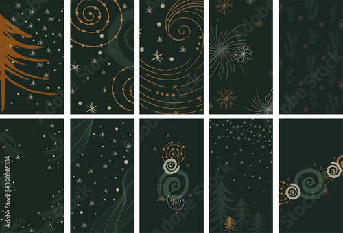 Christmas Social Media Stories Layout. Vector set of linear template in abstract style for womanly profile, social media, mobile app. Abstract modern winter stories with snowflake, christmas tree