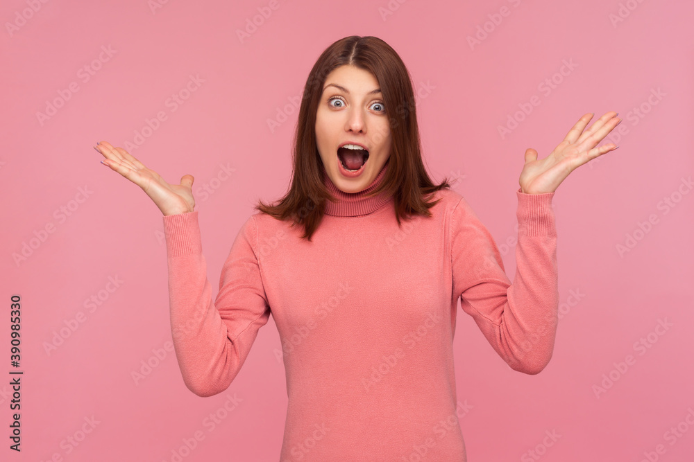 Oh my god, I cant believe this! Amazed shocked woman wondered with great news, screaming looking at camera with big eyes. Indoor studio shot isolated on pink background Oh my god, I cant believe this! Amazed shocked woman wondered with great news, screaming looking at camera with big eyes. Indoor studio shot isolated on pink background