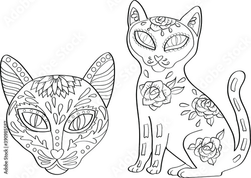 Set of black outline cats counturs. Mexican day of the dead illustration for coloring page