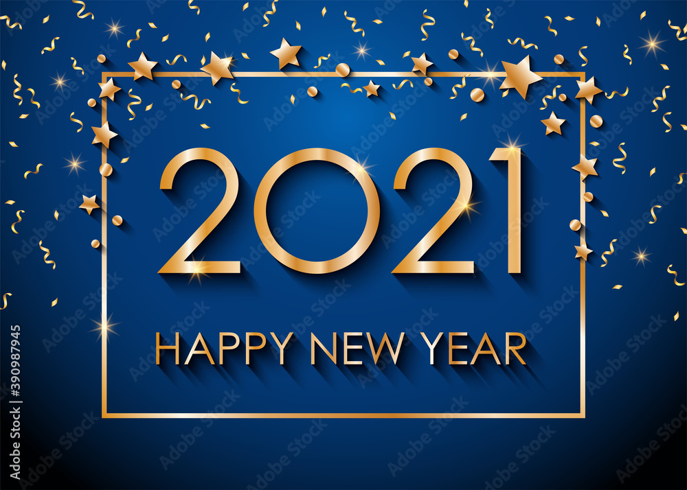 2021 Happy New Year text for greeting card, with gold glitter stars and confetti, calendar. Vector illustration.