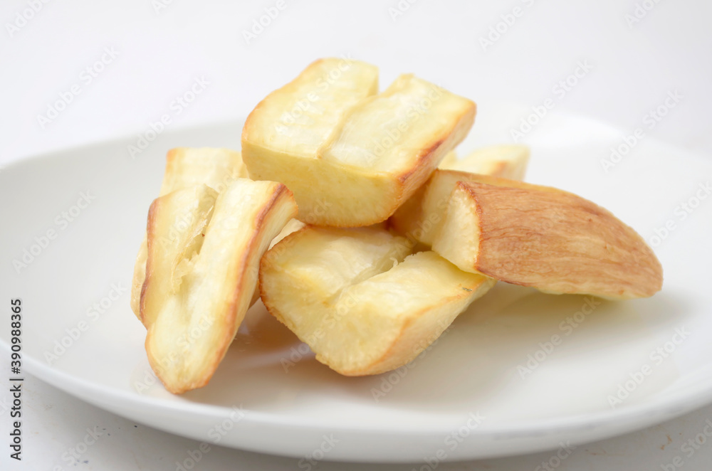 Fried Cassava on a white plate