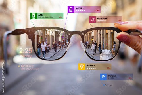 Concept of augmented reality technology being used in futuristic smart tech glasses photo