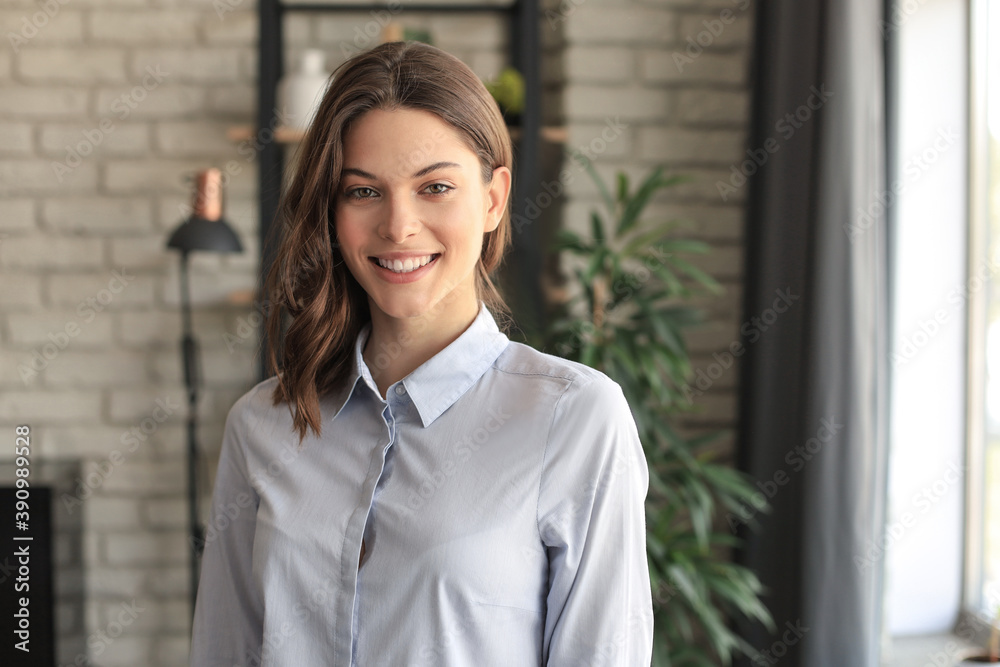 Cheerful woman student professional standing at home in office looking at camera. Cheerful woman student professional standing at home in office looking at camera.